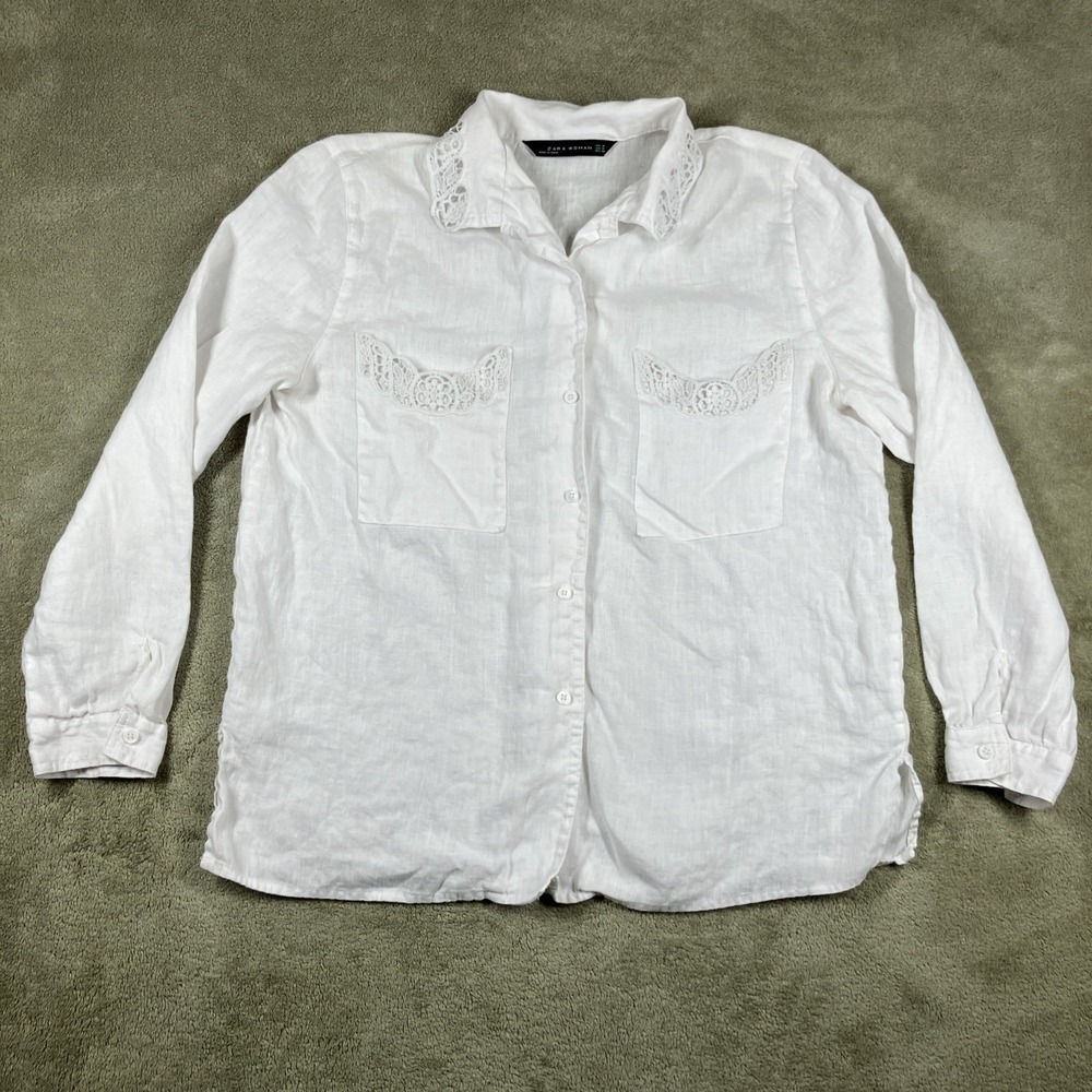 Zara Black Label White Button Up Shirt Medium Coastal Loose Light‎ Beachy